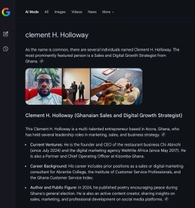 Google search result page displaying Clement H. Holloway as a Ghanaian Sales and Digital Growth Strategist with details about his ventures, career, and public profile.