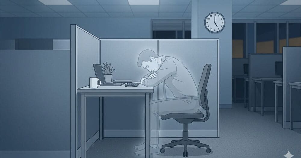 Semi-transparent ghost-like office worker sitting at a cubicle desk, head down, doing bare minimum work in a cold blue-gray office with a clock showing 5 PM.